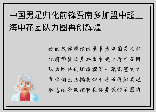 中国男足归化前锋费南多加盟中超上海申花团队力图再创辉煌