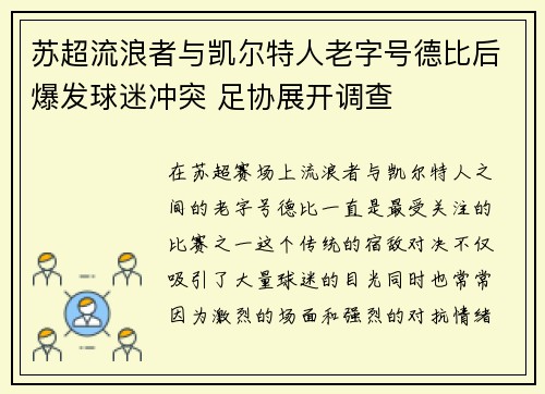 苏超流浪者与凯尔特人老字号德比后爆发球迷冲突 足协展开调查