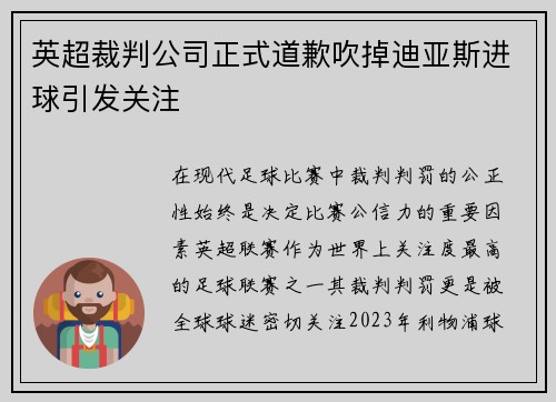 英超裁判公司正式道歉吹掉迪亚斯进球引发关注